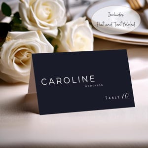 Modèle de mariage de marque-places bleu marine profond, téléchargement immédiat, modèle modifiable Canva, carte de visite de table, plat et plié en tente #W8PNDN