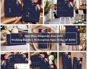 May include: A collection of navy blue wedding stationery with burgundy and rose gold floral accents. Includes table numbers, welcome sign, seating chart, and thank you cards. The text reads "Navy Blue, Burgundy, Rose Gold Wedding Bundle + 30 Reception Signs".