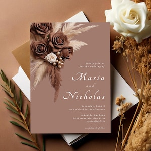 Convite de casamento floral marrom chocolate, modelo editável Canva, download instantâneo, convite para impressão e e-mail, Pampas Grass #L1RSCB