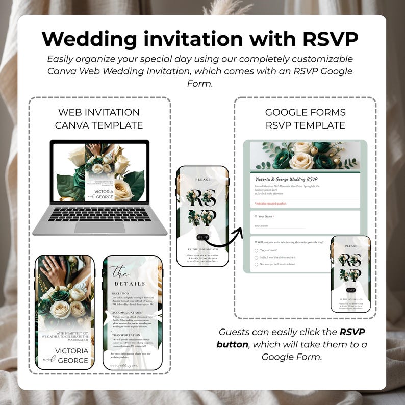 May include: A digital wedding invitation template with RSVP options. The design includes a laptop, smartphones, and a Google Forms RSVP template. The invitation features floral accents and the names "Victoria and George."
