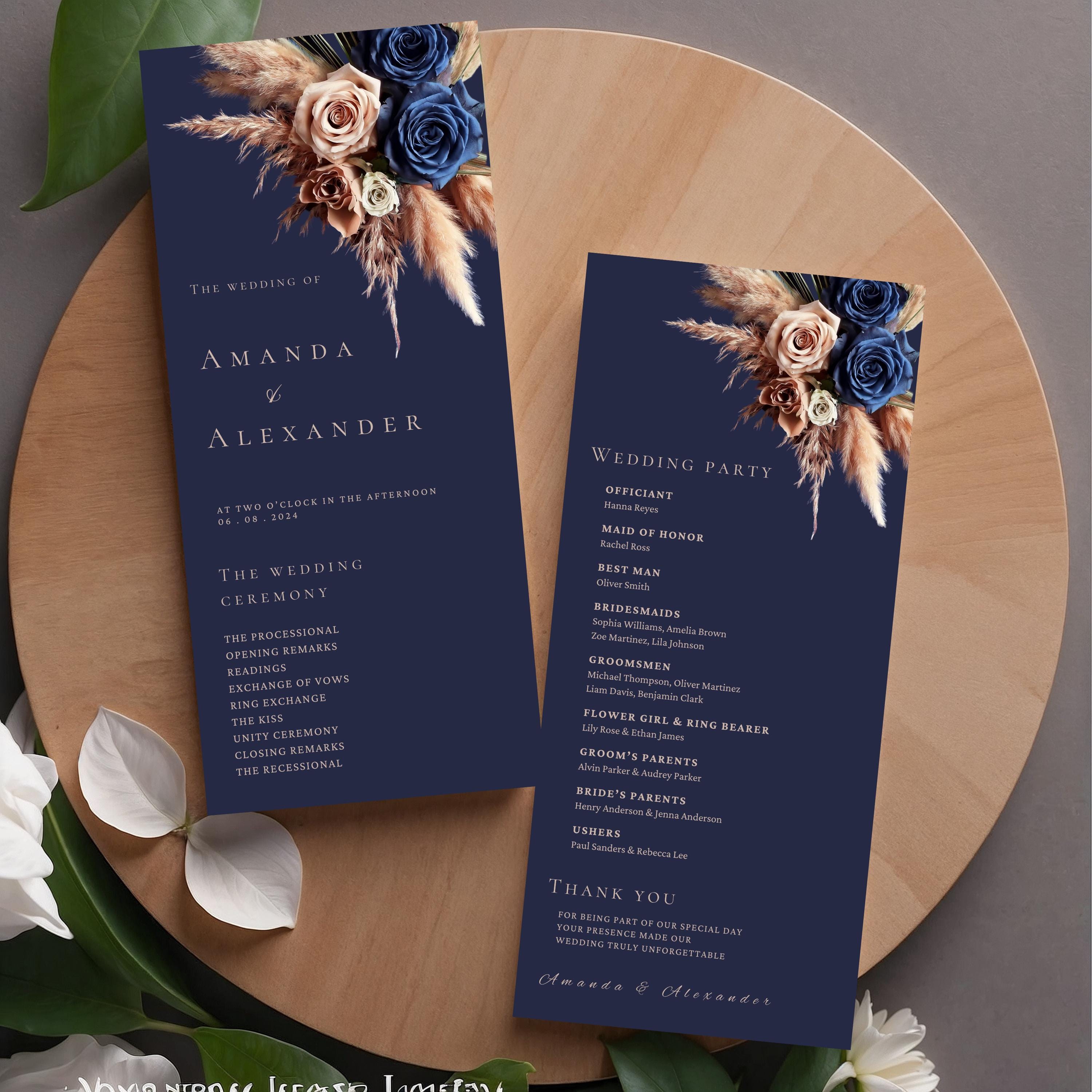 Navy Blue Rose Gold Wedding Programs Template, Ceremony Program, Elegant Rose Floral Itinerary, Canva Template, Front and Back #F7RSBG