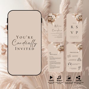 Weiß Creme Beige Floral Mobile Hochzeitsvideo, animierte Hochzeitseinladung, Digital Invite Video, Boho Pampas Grass #L1RSWC