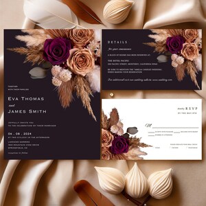 Pflaume Kupfer Rose Blumen Hochzeitseinladungs-Set, Canva bearbeitbare Vorlage, Antwortkarte, Lila Dunkel Magenta Bronze, Boho Pampas #F4RSPC