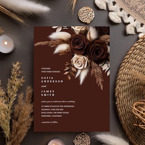 Braune Rose Blumenhochzeitseinladung, Canva bearbeitbare Vorlage, braune Vorlageneinladung, Sofort-Download, Boho Pampas #F4RSBU