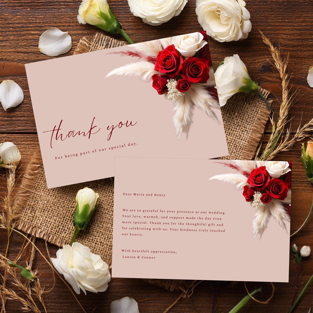 Red Floral Thank You Card Wedding Template, Printable Editable Thank ...