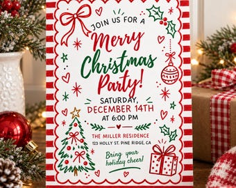 May include: A rectangular Christmas party invitation card with a red and white striped border. The text reads: JOIN US FOR A Merry Christmas Party! SATURDAY, DECEMBER 14TH AT 6:00 PM THE MILLER RESIDENCE 123 HOLLY ST. PINE RIDGE, CA Bring your holiday cheer!