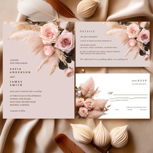Blush roze roos bloemen bruiloft uitnodiging bundel, canvas bewerkbare sjabloon, RSVP & Details kaart, roze bloemen sjabloon, boho pampa's #F4RSBP