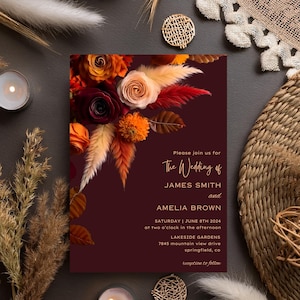 Invito a nozze floreale arancione bordeaux autunnale, modello modificabile Canva, download immediato, modello marrone-rossastro, Boho Pampas #F7RSRB