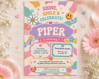 May include: A rectangular birthday invitation card featuring a colorful wavy background with the text SHINE, SMILE & CELEBRATE! PIPER is turning 7. The card includes details for Saturday, August 22, 2026, at Sunny Bloom Studio, Nashville, TN.