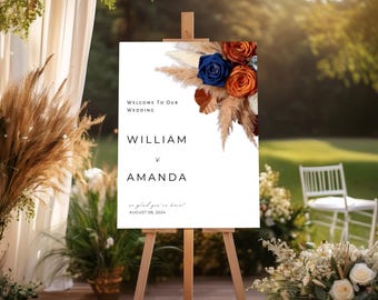 Navy Blue, Burnt Orange Rose Floral Wedding Welcome Sign Poster, Editable Sign Template, Instant Download, Canva Editable Template #F7RSNO