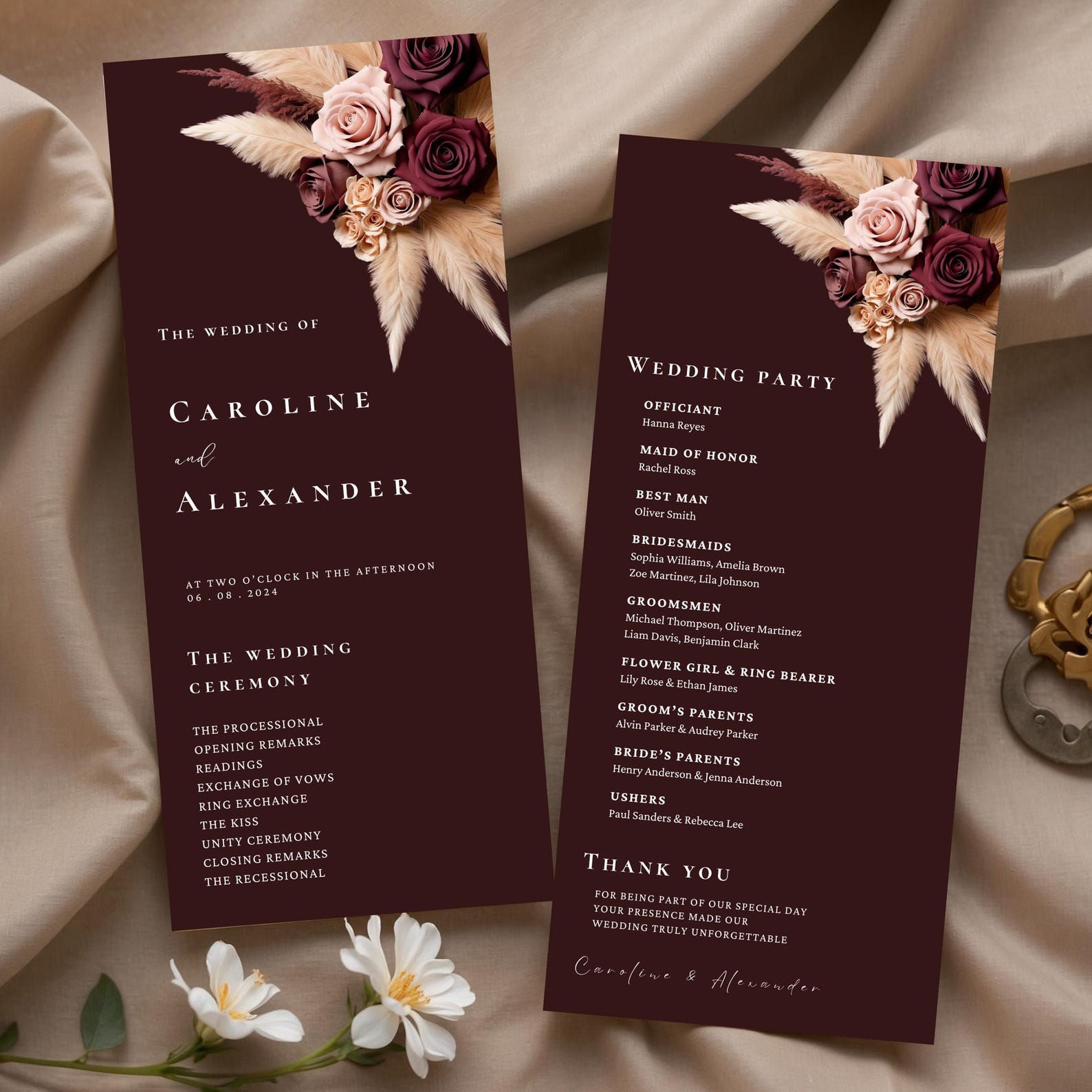 Rose Gold Program Burgundy, Rose Gold, Champagne Wedding Programs Template, Ceremony ...