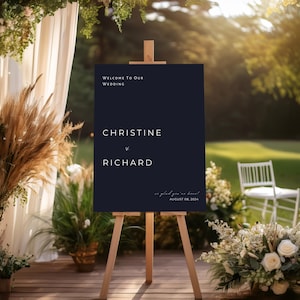 Deep Navy Blue Wedding Welcome Sign Poster, Editable Sign Template, Instant Download, Canva Editable Template #W8PNDN