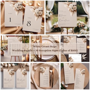 Op de afbeelding: Een bruiloftpakket met 30 receptie-borden in een wit, crème en beige kleurenschema. Het pakket bevat tafelnummers, een welkomstbord, een zitplaatskaart, een menu, een bedankbord en een detailbord. De borden hebben een bloemmotief met gedroogd pampasgras en witte rozen.