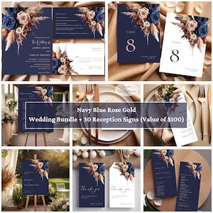 May include: A collection of navy blue and white wedding stationery, including invitations, table cards, and signage. Floral arrangements with blue roses and pampas grass decorate the cards. The text includes names, dates, and the words "Thank You."
