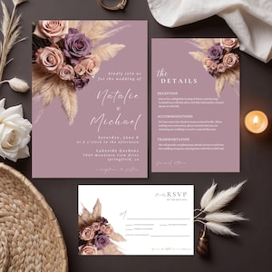 Convite de casamento floral rosa-claro, roxo-lilás, modelo Canva, download instantâneo, modelo RSVP e detalhes, capim-dos-pampas boho #L1RSMB