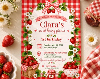 May include: A rectangular invitation card with a red and white gingham border featuring strawberry vines, white flowers, and a red bow. The text reads: Please join us for Clara's sweet berry picnic 1st birthday, Sunday, May 16, 2027, 3:00 pm - 6:00 pm, Strawberry Patch Garden, 78 Blossom Lane, Meadowbrook, CA 90215, Games, sweets & garden fun!, RSVP by May 1 to Lily at (555) 318-4421.