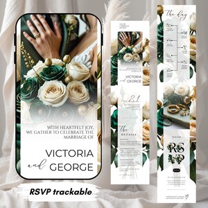 May include: Wedding invitation suite featuring a smartphone mockup and two vertical cards. The design includes white and emerald green roses, gold accents, and the names "Victoria and George." The RSVP card is also included.