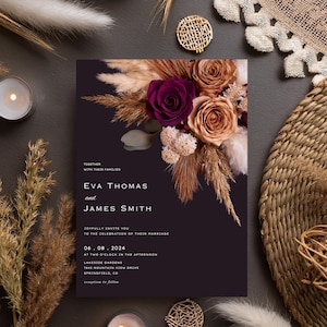Pflaume Kupfer Rose Blumenhochzeitseinladung, Canva bearbeitbare Vorlage, sofortiger Download, lila dunkel magenta bronze Rose, Boho Pampas #F4RSPC