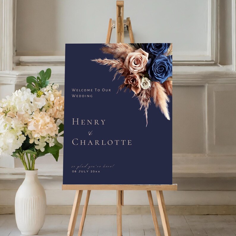 Navy Blue Rose Gold Floral Wedding Sign Poster, Editable Sign
