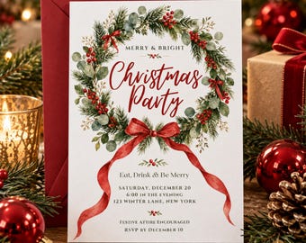 May include: A white rectangular Christmas party invitation card featuring a watercolor wreath of green pine branches, eucalyptus leaves, and red berries. A large red ribbon is tied at the bottom. Text reads: Merry & Bright, Christmas Party, Eat, Drink & Be Merry, Saturday, December 20, 6:00 in the evening, 123 Winter Lane, New York, Festive Attire Encouraged, RSVP by December 10.