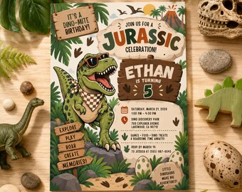 May include: A rectangular birthday invitation card featuring a green T-Rex wearing sunglasses and a checkered scarf. The text reads: It's a Dino-Mite Birthday! Join us for a Jurassic Celebration! Ethan is turning 5, Saturday, March 21, 2028.