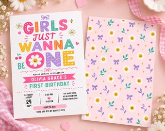 May include: A first birthday invitation card featuring the text GIRLS JUST WANNA BE ONE with a smiley face daisy, cherries, and bows. The card includes event details for Olivia Grace, paired with a matching pink patterned card with daisies and bows.