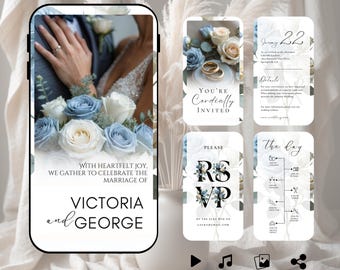May include: A digital wedding invitation template featuring a bouquet of blue and white roses. The invitation includes the names "Victoria and George", RSVP details, and event information. The design incorporates floral elements and a timeline.