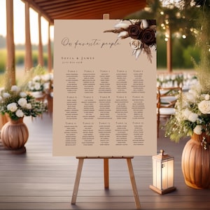May include: A beige wedding seating chart on an easel, featuring the text "Our favorite people" and the names of Sofia & James. The chart is decorated with floral accents and lists guest names under table numbers.