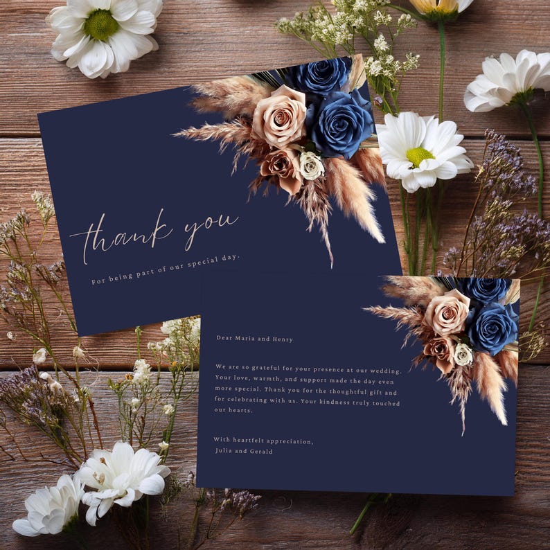 Navy Blue Rose Gold Floral Thank You Card Wedding Template, Canva ...