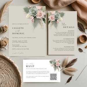 May include: Elegant wedding invitation suite featuring floral arrangements with roses and dried accents. The invitation includes details for Celeste and Dominic's wedding, including date, time, and location. RSVP card with QR code is also included.