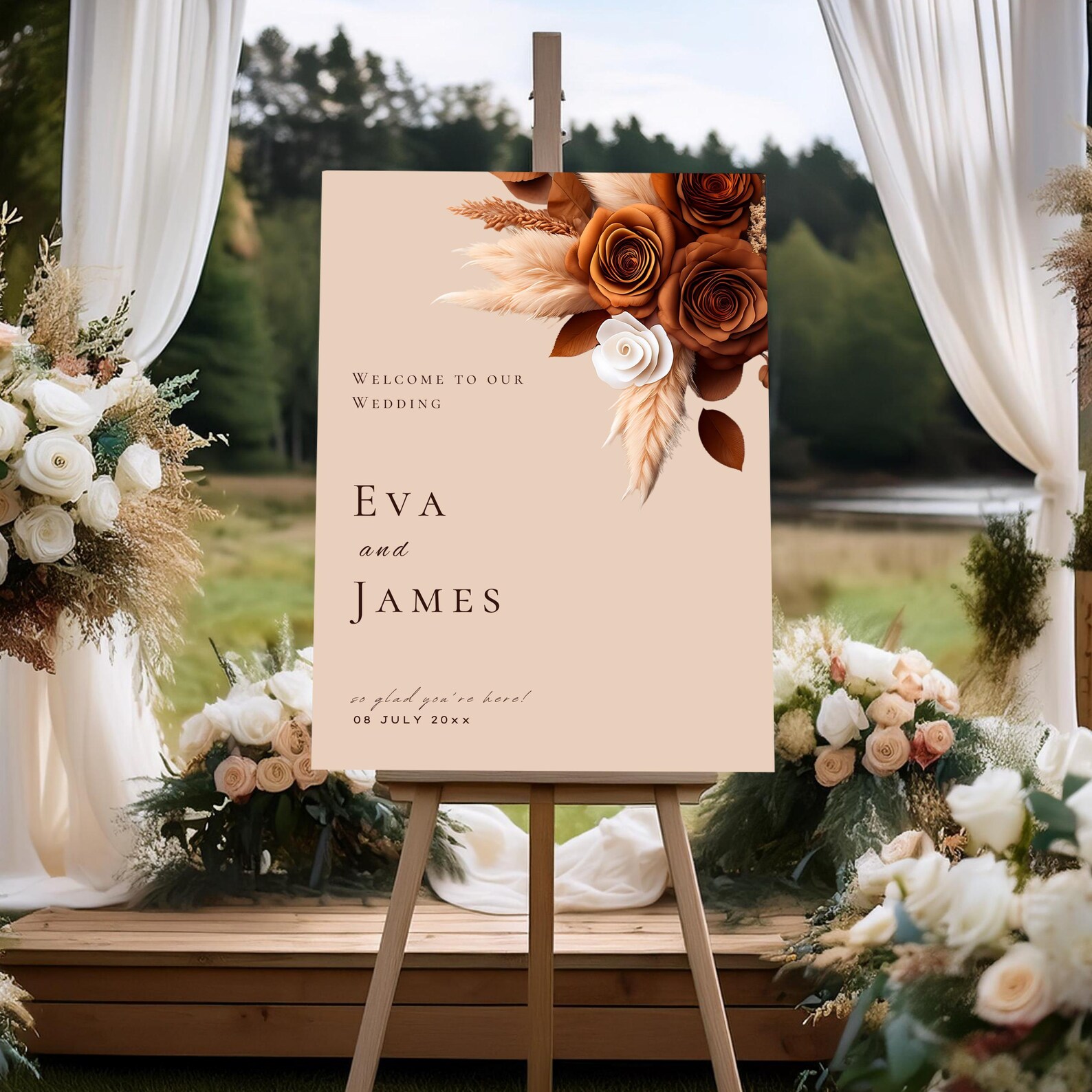 Rust Brown Floral Wedding Welcome Sign Board, Editable Sign Template ...
