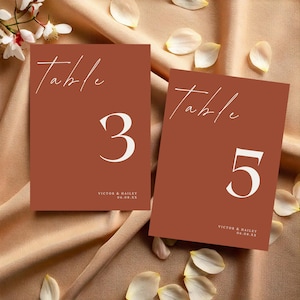Panneaux numérotés de Table de mariage orange brûlé, modèle modifiable sur toile, carte numéro de Table, carte numéro de Table minimaliste moderne #W8PNBO