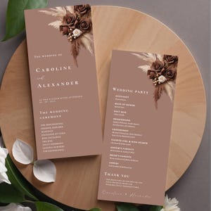Sjabloon chocoladebruin bruiloftsprogramma, ceremonieprogramma, elegant bloemenroute, canvassjabloon, voor- en achterkant #L1RSCB