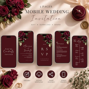 Könnte beinhalten: Ein mobiles Hochzeitskarten-Design, das auf fünf Smartphone-Bildschirmen angezeigt wird. Jeder Bildschirm zeigt eine andere Seite, einschließlich Einladung, RSVP-Details und Zeitplan. Das Design beinhaltet burgunderfarbene Rosen und stilvolle Typografie.
