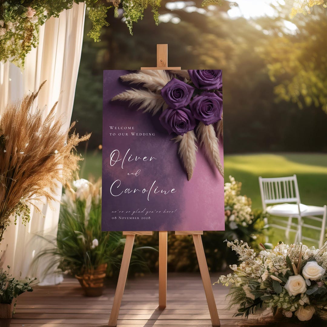 Purple Floral Wedding Welcome Sign Poster, Editable Sign Template ...