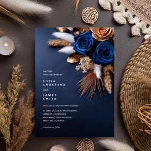Faire-part de mariage floral roses en cuivre bleu marine, modèle modifiable sur toile, téléchargement immédiat, floral bohème de la pampa #F7RSNC