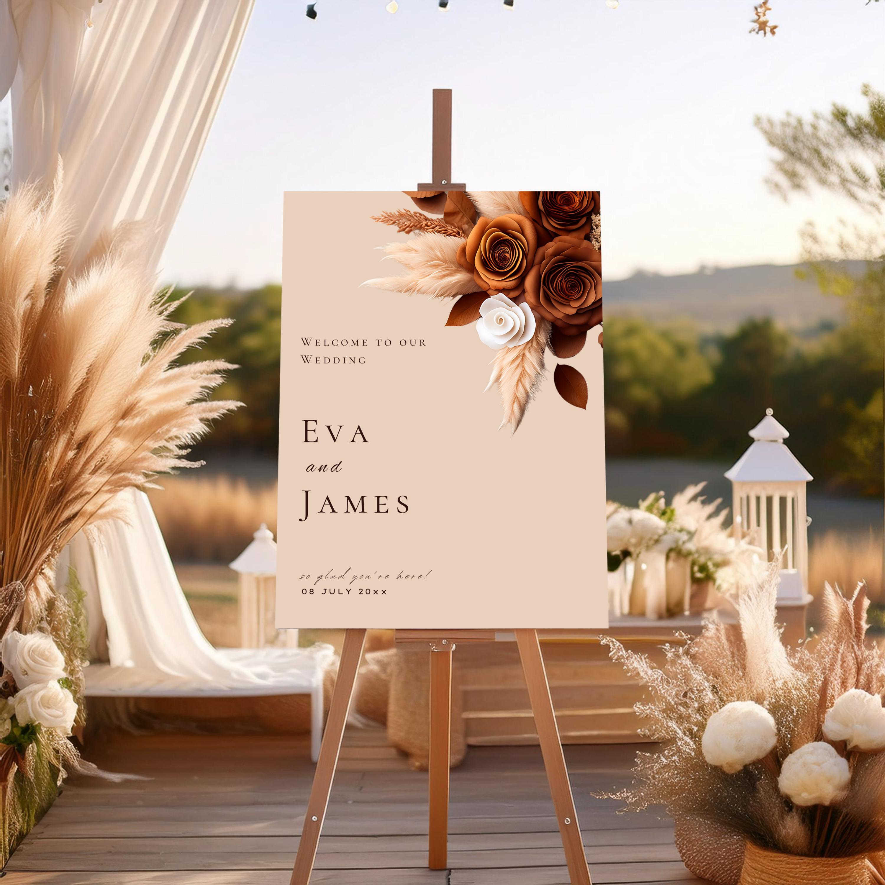 Rust Brown Floral Wedding Welcome Sign Board, Editable Sign Template ...