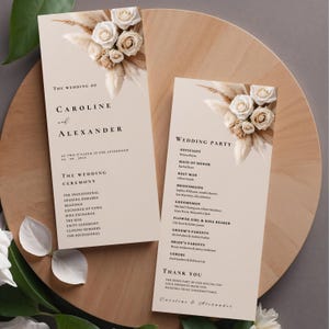 Mall för bröllopsprogram med vita, krämfärgade och beige blommor, resplan för ceremoniprogram, Canva-mall, fram- och baksida #L1RSWC