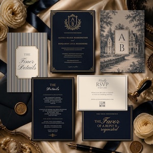 May include: Elegant navy blue wedding invitation suite with gold accents. Includes invitation, RSVP, and details cards. Features floral and striped designs, with the text "The Finer Details" and "Kindly RSVP".