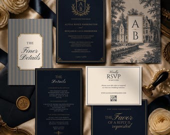May include: Elegant navy blue wedding invitation suite with gold accents. Includes invitation, RSVP, and details cards. Features floral and striped designs, with the text "The Finer Details" and "Kindly RSVP".