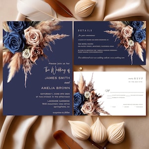 Ensemble de faire-part de mariage floral bleu marine en or Rose, modèle modifiable sur toile, téléchargement immédiat, RSVP et modèle de détails, Boho Pampas #F7RSBG
