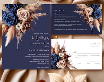 May include: A navy blue wedding invitation suite with a floral design featuring dried pampas grass, blush and blue roses. The invitation text reads "Please join us for The Wedding of James Smith and Amelia Brown, Saturday June 8th 2024, at two o'clock in the afternoon, Lakeside Gardens, 7845 Mountain View Drive, Springfield, CO, Reception to follow". The RSVP card has a matching floral design and the text "RSVP by the May 8th".