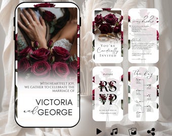 Puede incluir: Una plantilla digital de invitación de boda en un teléfono inteligente, con rosas burdeos y texto elegante. La invitación incluye RSVP, fecha y detalles del evento. El texto dice "Victoria and George".