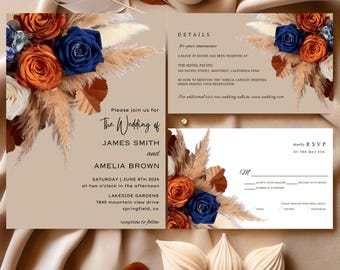 Könnte beinhalten: Eine Hochzeitseinladung mit braunem Hintergrund und einem floralen Design mit getrocknetem Pampasgras, orangefarbenen und blauen Rosen. Der Text lautet "Bitte begleiten Sie uns zur Hochzeit von James Smith und Amelia Brown Samstag, 8. Juni 2024 um 14:00 Uhr Lakeside Gardens 7845 mountain view drive springfield, co Empfang im Anschluss".