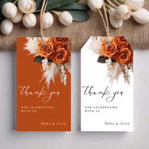 Sjabloon verbrande oranje bloemen bruiloft gunsttags, bewerkbare gunsttags, instant download, bijgesneden & rechthoekige tags, canva-sjabloon #F4RSBO