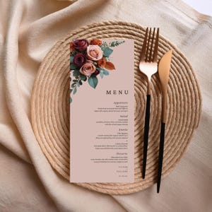 Modello di menu per matrimonio floreale in terracotta e bordeaux, modello modificabile per Canva, Menu Fleur, download immediato, menu stampabile #L2RSTB