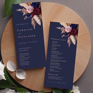 Mall för bröllopsprogram i marinblått, vinrött, roséguld, ceremoniprogram, blomsterplan, redigerbar Canva-mall, fram- och baksida #F8RSNB