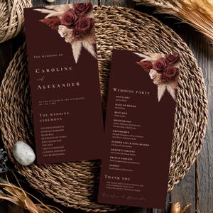 Auburn Reddish Brown Floral Hochzeitsprogramme Vorlage, Zeremonie Programm Reiseplan, Canva bearbeitbare Vorlage, Vorder- und Rückseite #L1RSAN