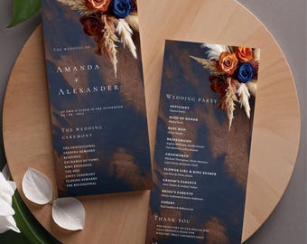 Rust Brown Orange Floral Wedding Programs Template, Ceremony Program Itinerary, Canva Editable Template, Front & Back, Pampas Grass #L1RSRO