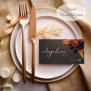 Cartões de lugar florais pretos, marrons e laranja, modelo de casamento, modelo Canva, cartão de nome de mesa, plano e dobrável, capim-dos-pampas boho #L1RSBO
